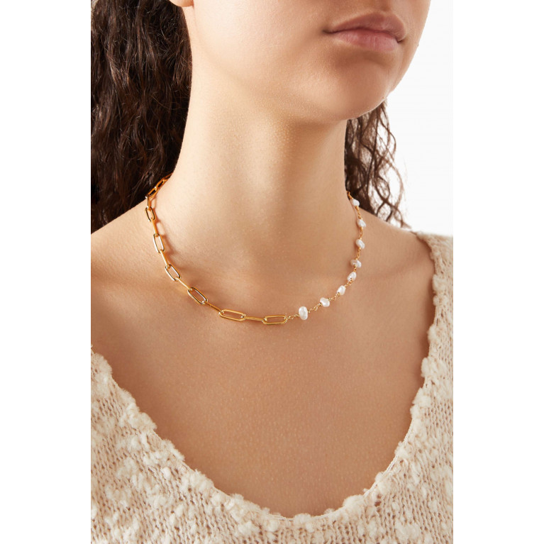 By Adina Eden - Paperclip Faux Pearl Chain Necklace in 14kt Gold-plated Brass