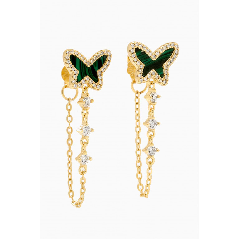 By Adina Eden - Butterfly Pavé Malachite Drop Chain Earrings in 14kt Gold-plated Sterling Silver Green