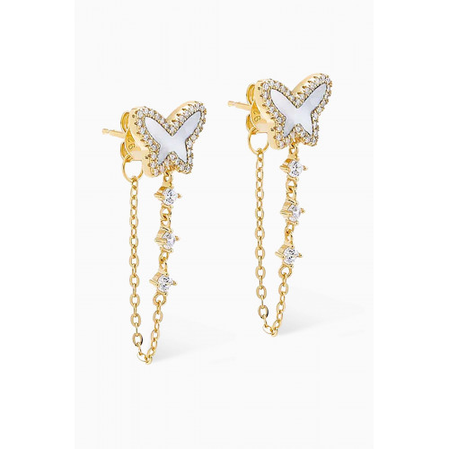 By Adina Eden - Butterfly Pavé Mother-of-pearl Drop Chain Earrings in 14kt Gold-plated Sterling Silver White