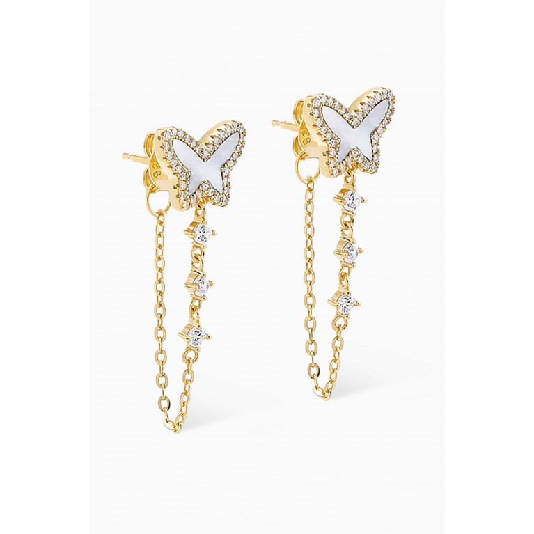By Adina Eden - Butterfly Pavé Mother-of-pearl Drop Chain Earrings in 14kt Gold-plated Sterling Silver White