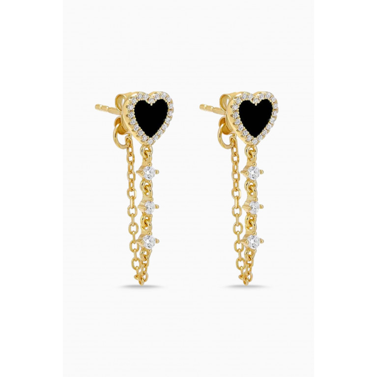 By Adina Eden - Heart Pavé Onyx Drop Chain Earrings in 14kt Gold-plated Sterling Silver Black