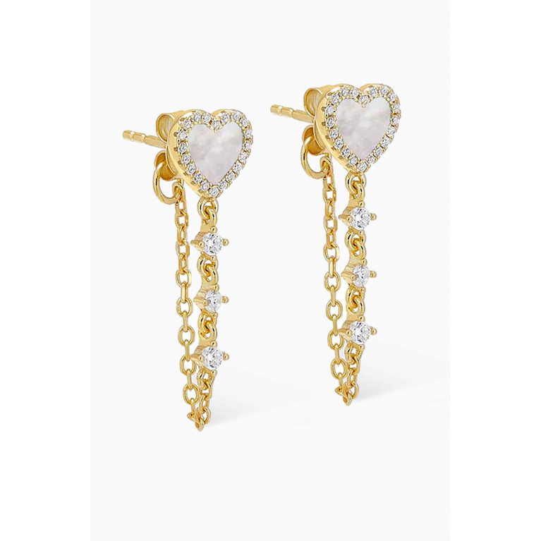 By Adina Eden - Heart Pavé Mother-of Pearl Drop Chain Earrings in 14kt Gold-plated Sterling Silver White