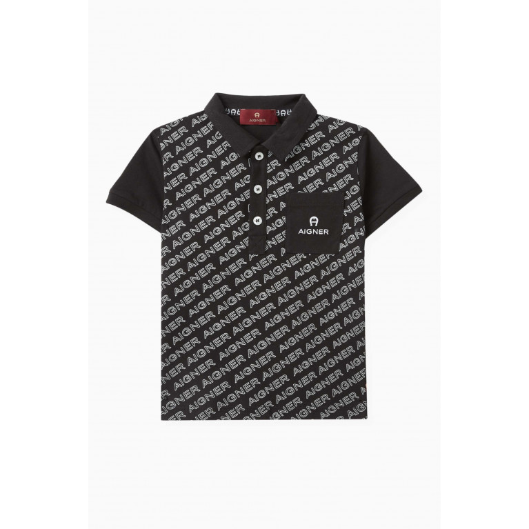 AIGNER - All-over Print Polo Shirt in Cotton Piqué Black