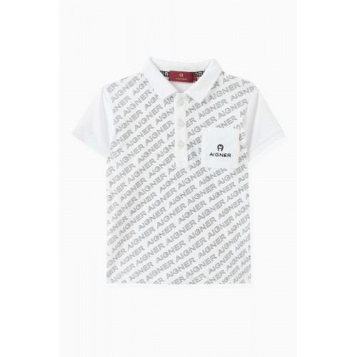 AIGNER - All-over Print Polo Shirt in Cotton Piqué White