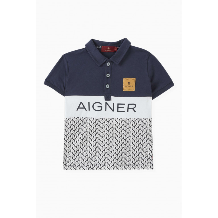 AIGNER - All-over Print Polo Shirt in Cotton Piqué Blue