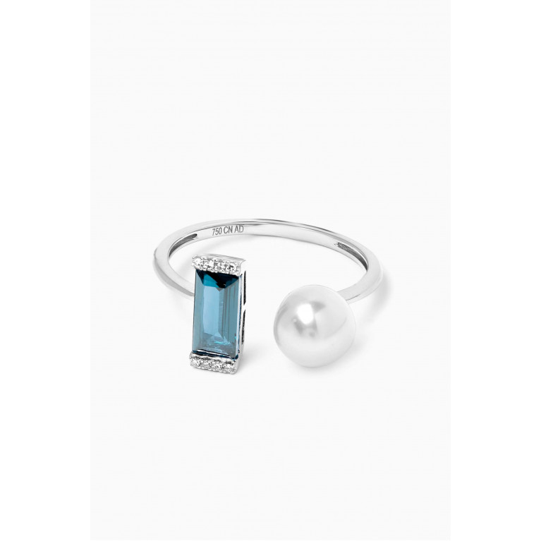 Damas - Kiku Sparkle Pearl, Topaz & Diamond Ring in 18kt White Gold Blue
