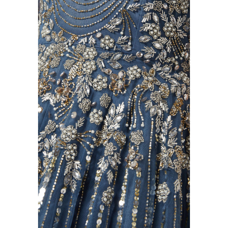 Mac Duggal - High Neck Puff Sleeve Embellished Gown Blue