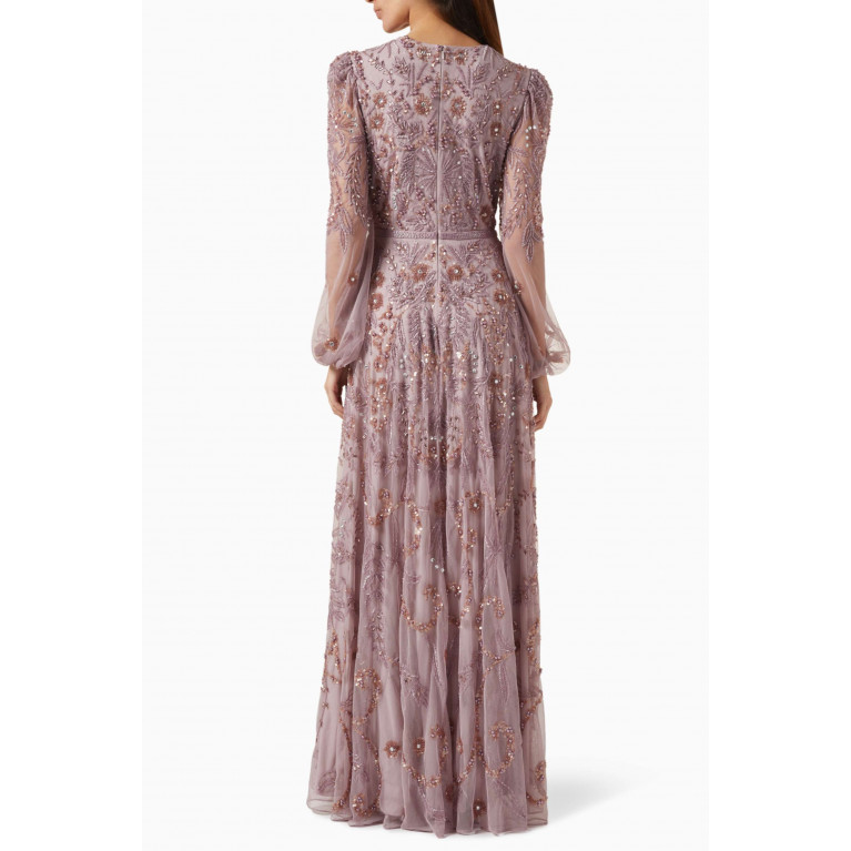 Mac Duggal - Puff Sleeve Embellished A Line Gown in Sheer Fabric Purple