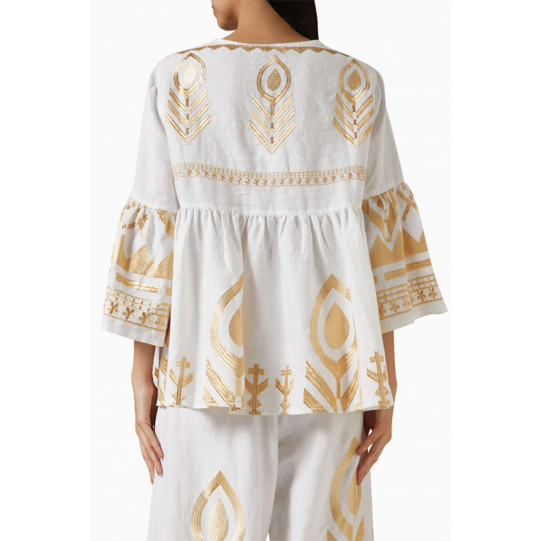 Kori - Deep V-neck Embroidered Tunic in Linen White