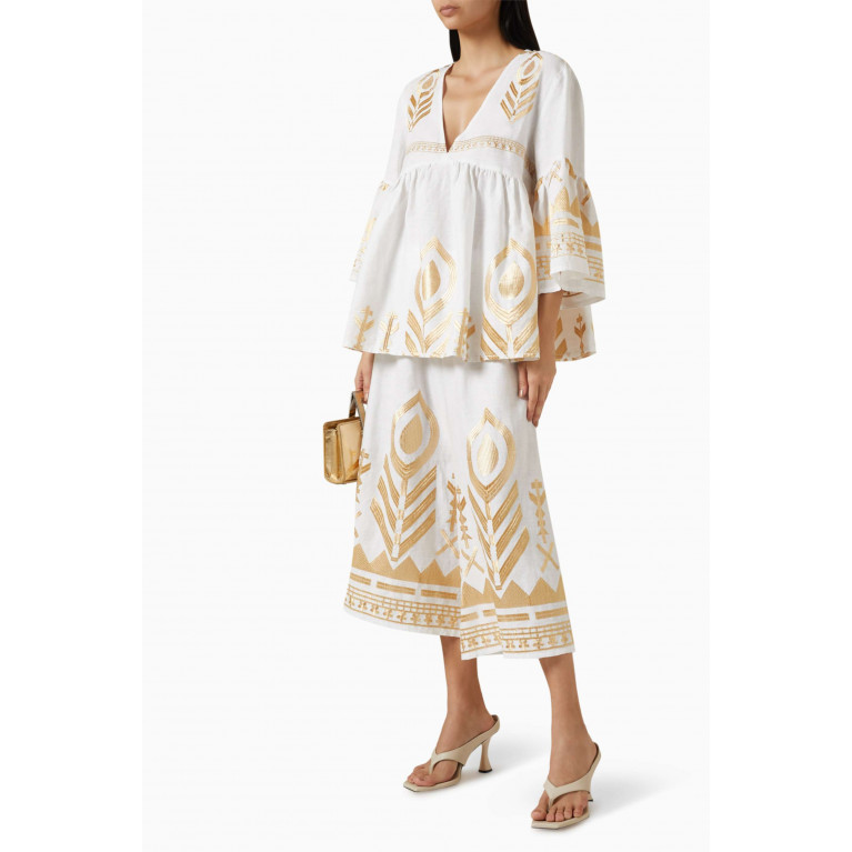 Kori - Embroidered Feather Pants in Linen White