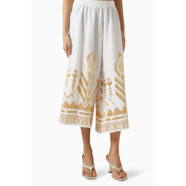 Kori - Embroidered Feather Pants in Linen White