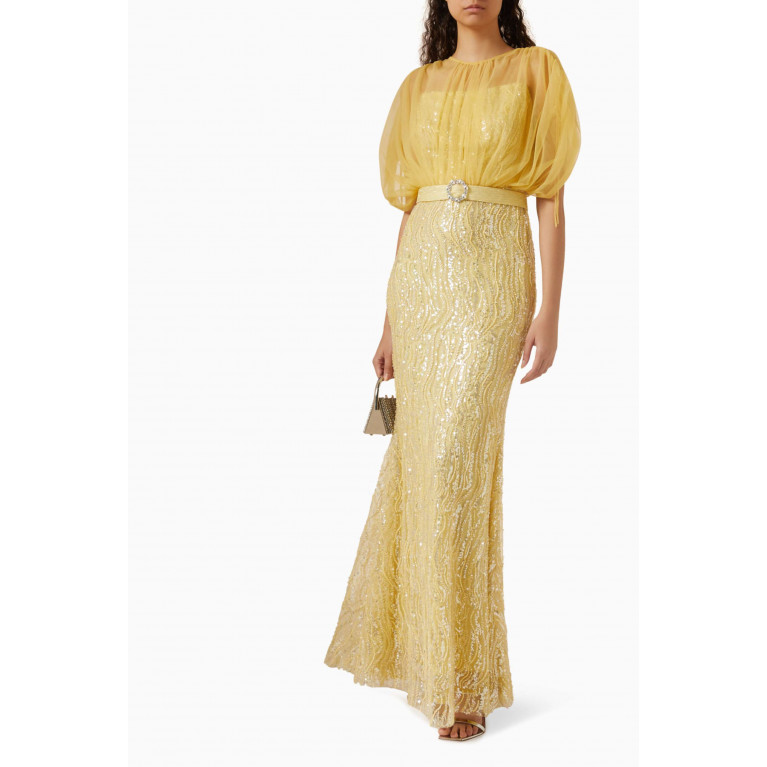 NASS - Sequin-embellished Belted Maxi Dress in Tulle Yellow