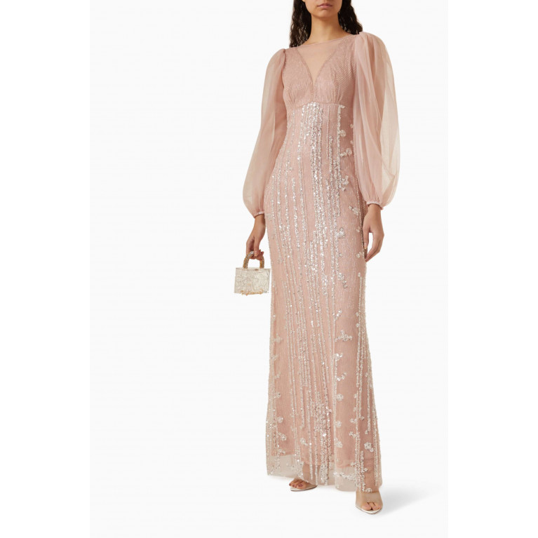NASS - Sequin-embellished Blouson-sleeves Maxi Dress Pink