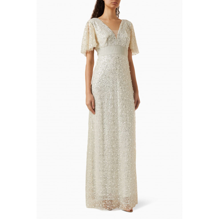 NASS - Sequin-embellished Flared-sleeves Maxi Dress Neutral