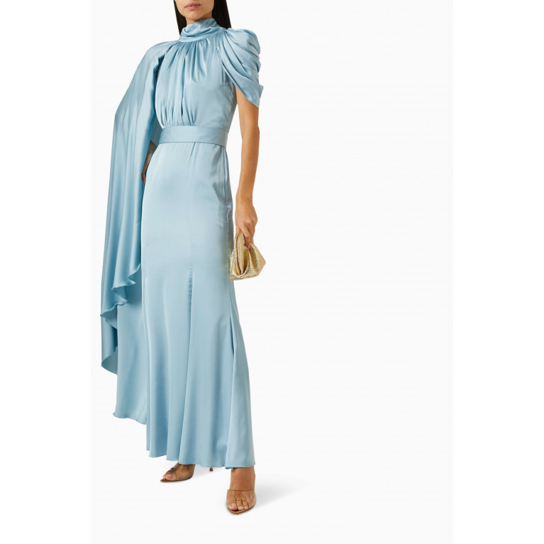 NASS - Draped Cape-sleeve Maxi Dress in Satin Blue