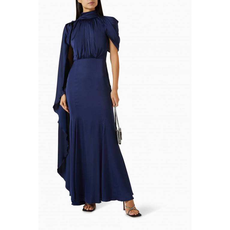 NASS - Draped Cape-sleeve Maxi Dress in Satin Blue