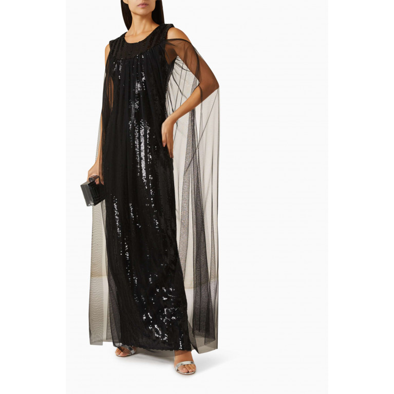 Amri - Cape-style Sleeves Maxi Dress in Sequin Black