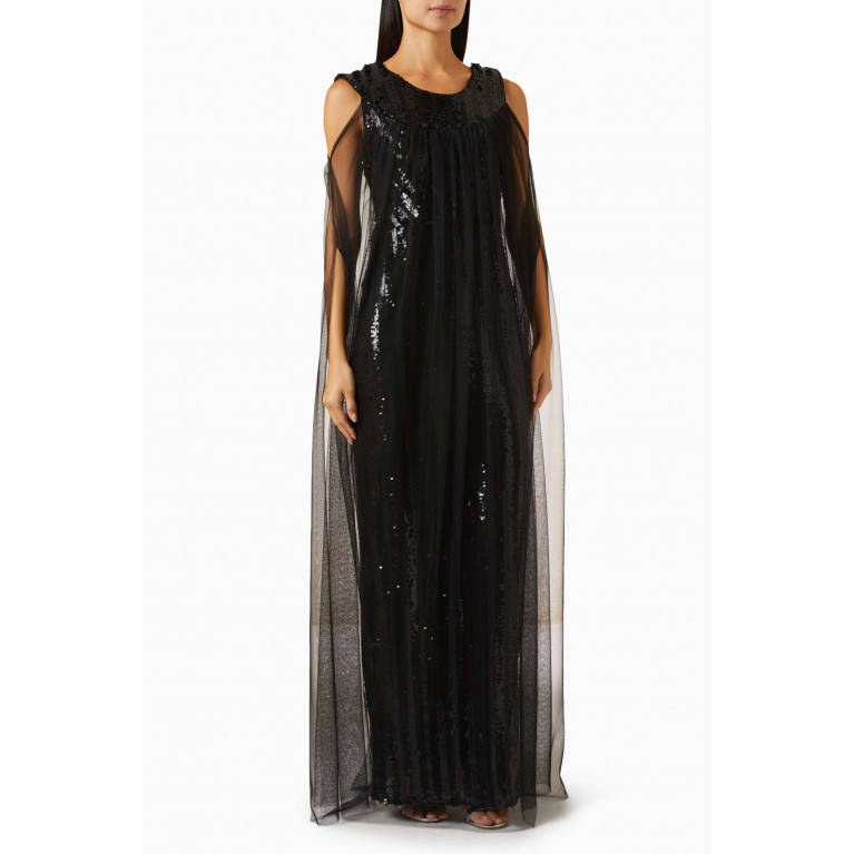 Amri - Cape-style Sleeves Maxi Dress in Sequin Black