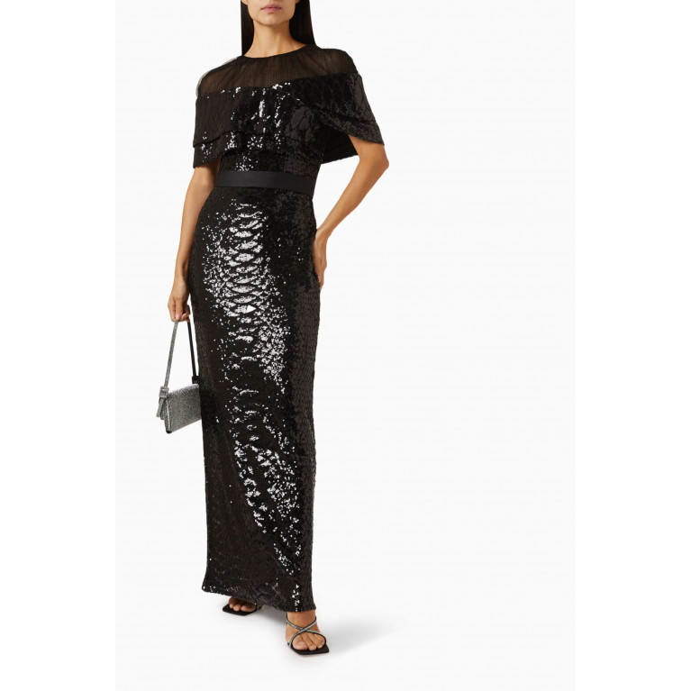 Amri - Cape-style Sleeve Maxi Dress in Sequin Black