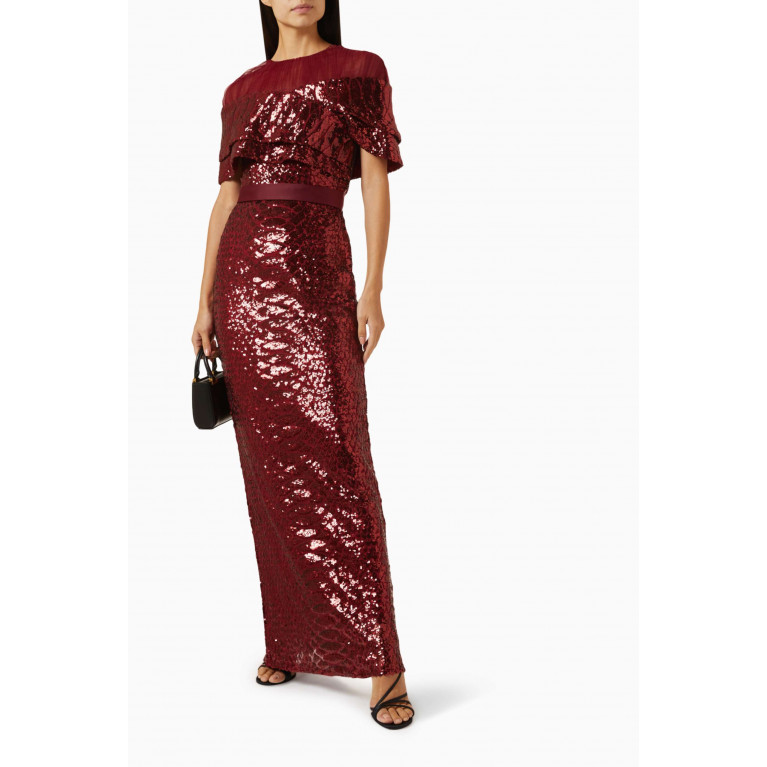 Amri - Cape-style Sleeve Maxi Dress in Sequin Red