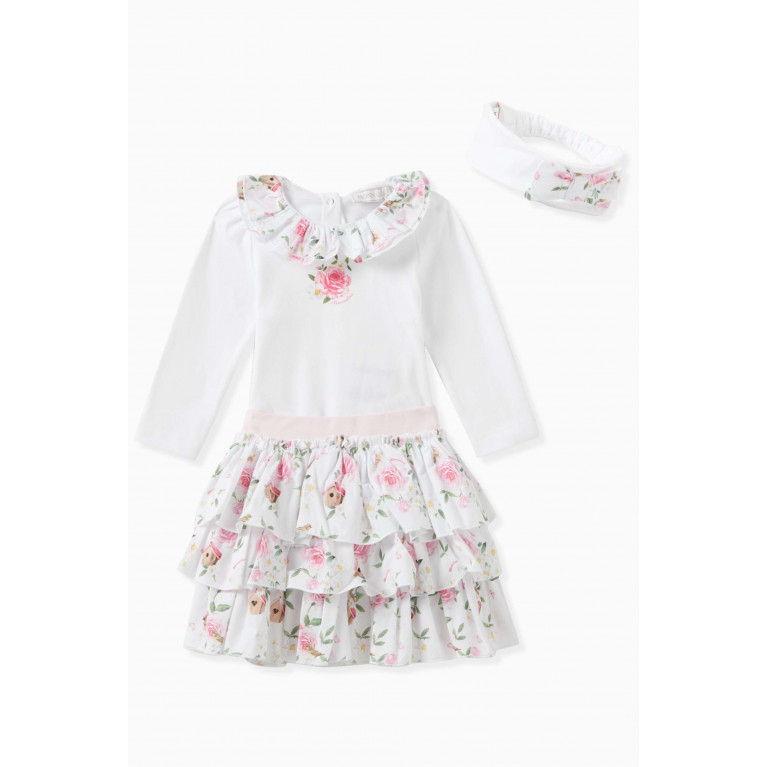 Monnalisa - Floral-print Dress & Headband Set in Cotton Jersey