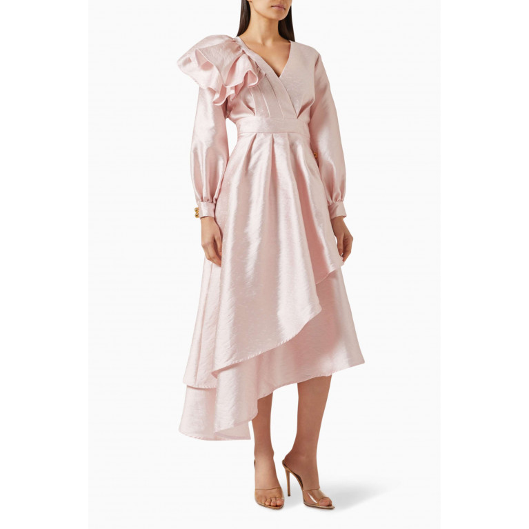 Poca & Poca - Asymmetrical Ruffled Midi Dress Pink