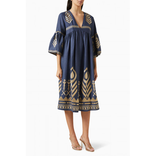 Kori - Embroidered Feather Maxi Dress in Linen
