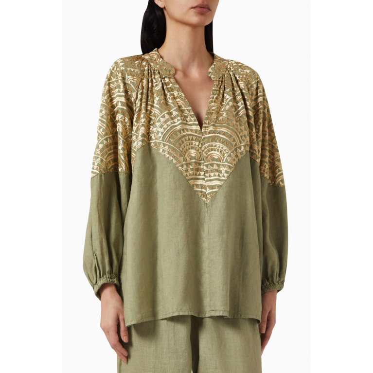 Kori - Embroidered Puffy Sleeve Blouse in Linen Green