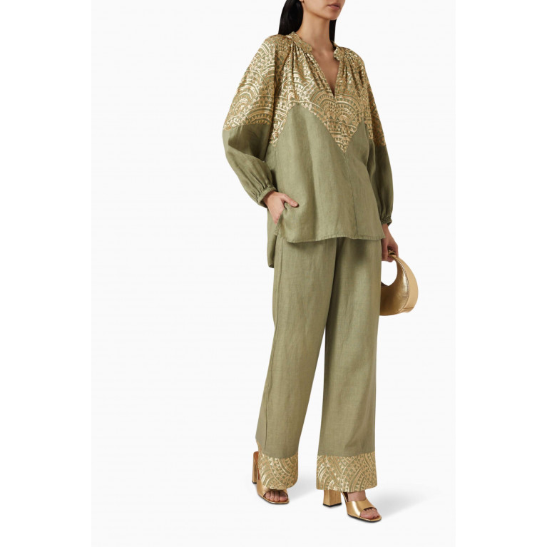 Kori - Embroidered Cuff Pants in Linen-blend Green