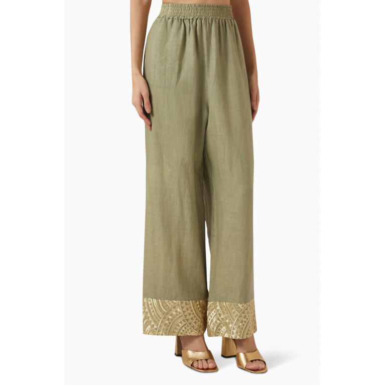Kori - Embroidered Cuff Pants in Linen-blend Green