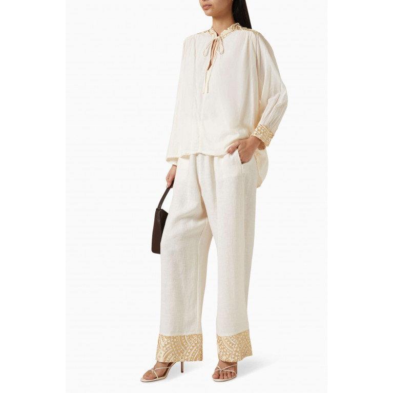Kori - Embroidered Cuff Pants in Linen-blend Neutral