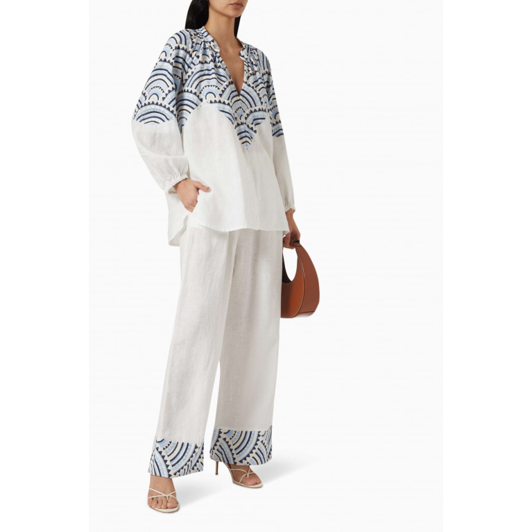 Kori - Embroidered Cuff Pants in Linen-blend White