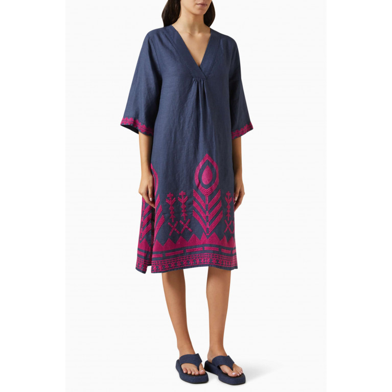 Kori - Embroidered Feather V-neck Dress in Linen Blue