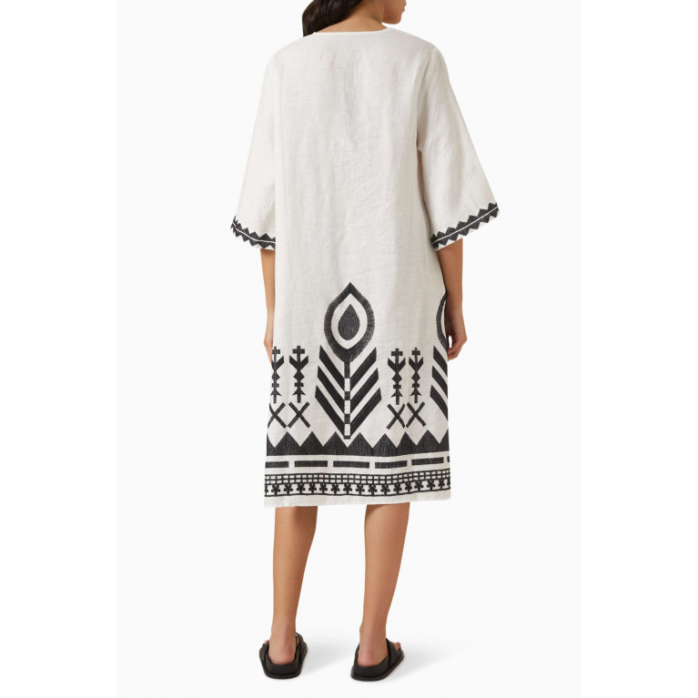 Kori - Embroidered Feather V-neck Dress in Linen White