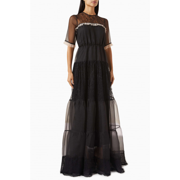 Mimya - Tiered Maxi Dress in Organza & Lace Black