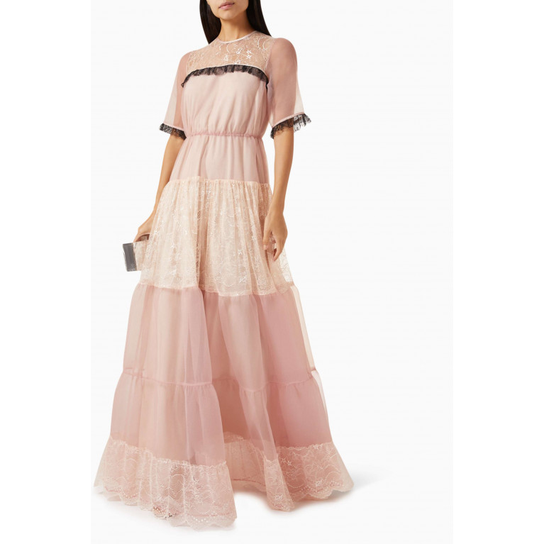 Mimya - Tiered Maxi Dress in Organza & Lace Pink