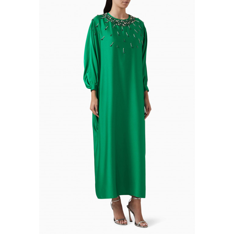 Mimya - Embellished-neck Maxi Dress in Polyester Green