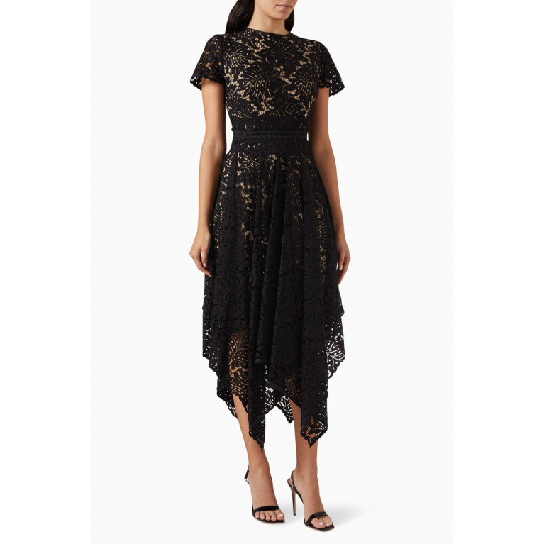 Mimya - Handkerchief-hem Midi Dress in Lace Black