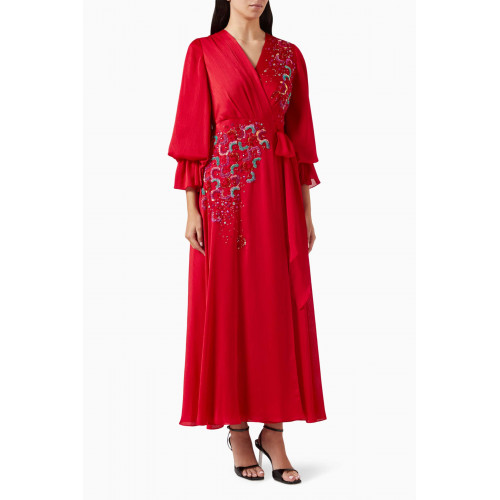 Moonoir - Embellished Wrap Midi Dress in Crepe