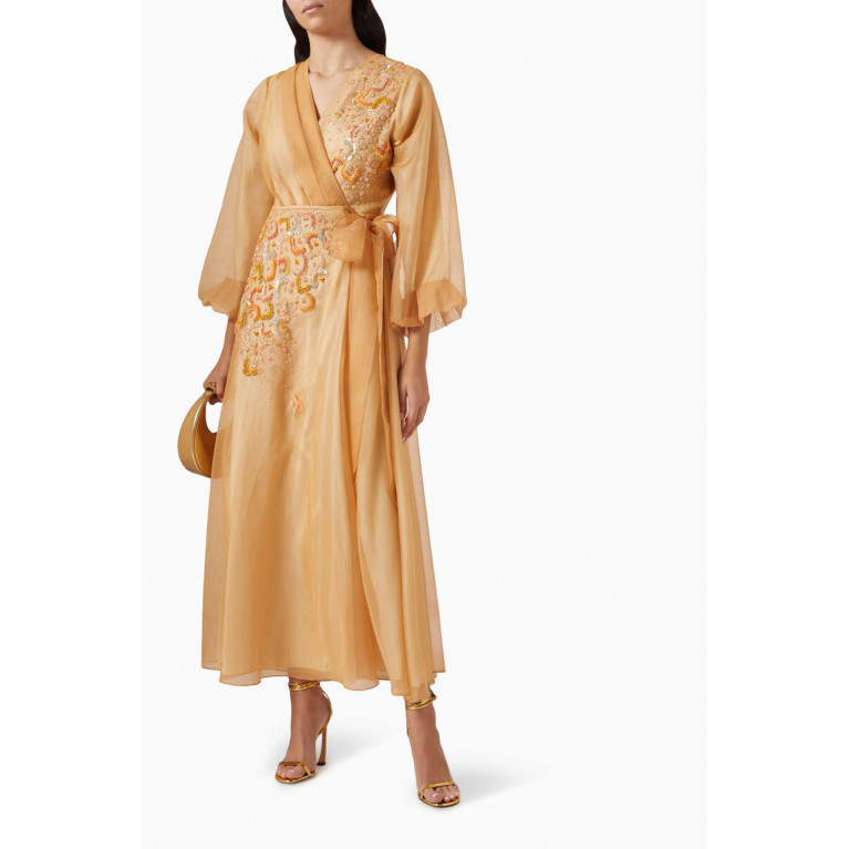 Moonoir - Embellished Wrap Midi Dress in Organza