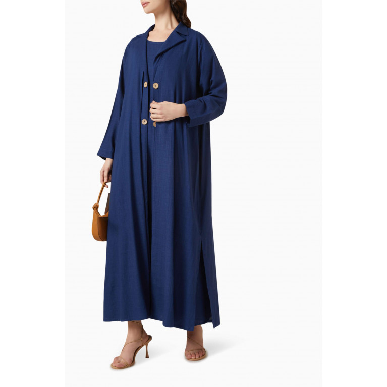 Rauaa Official - Open-collar Button Coat Abaya with Inner Dress Blue