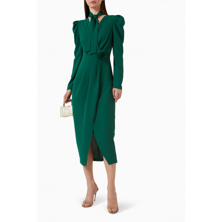 Setre - 3D Floral Appliqué Midi Dress Green