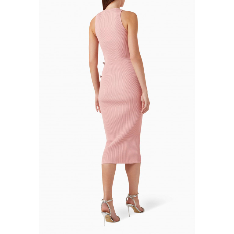 Mach&Mach - Cut-out Crystal Bow Midi Dress in Stretch Knit Pink