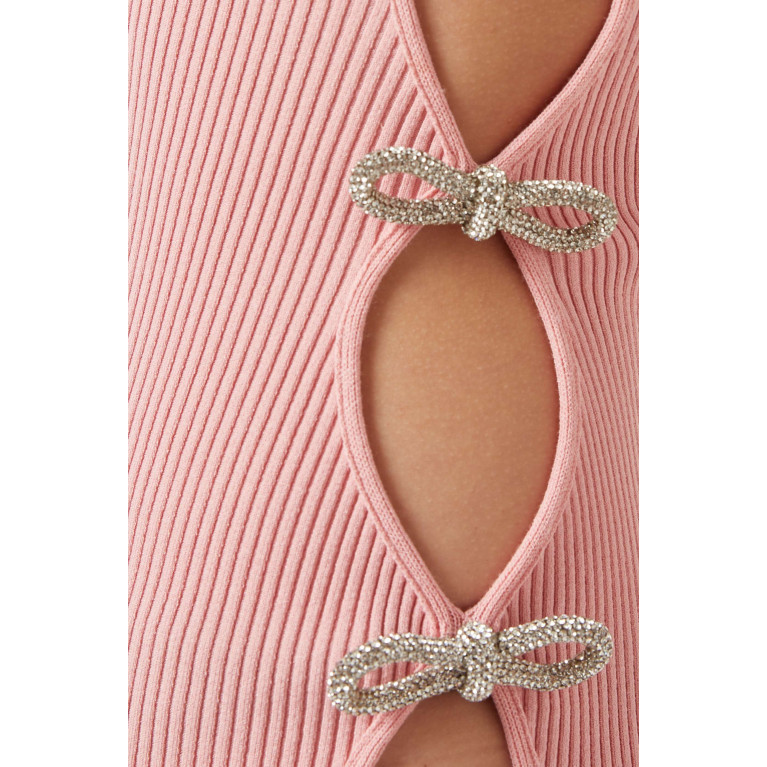 Mach&Mach - Cut-out Crystal Bow Midi Dress in Stretch Knit Pink