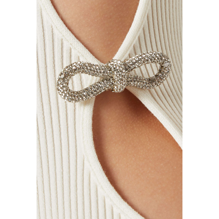 Mach&Mach - Cut-out Crystal Bow Midi Dress in Stretch Knit White