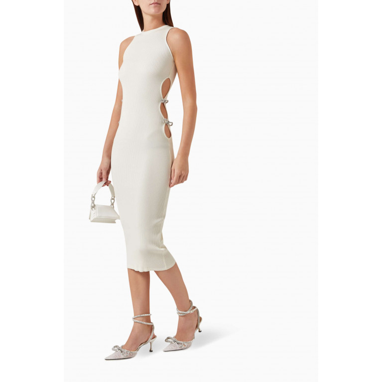 Mach&Mach - Cut-out Crystal Bow Midi Dress in Stretch Knit White
