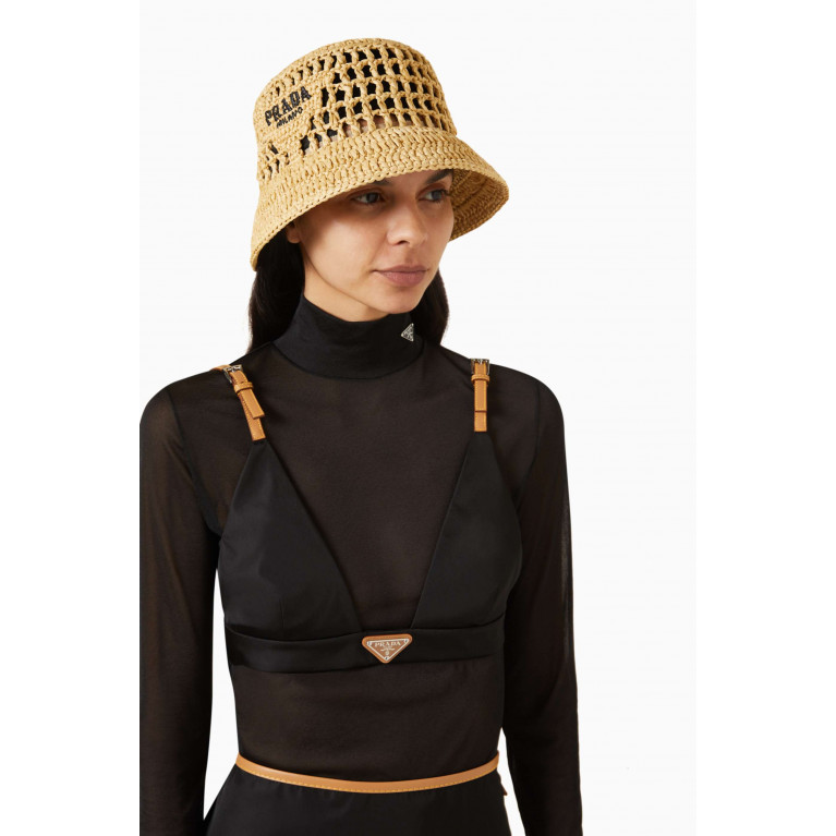 Prada - Logo Crochet Bucket Hat in Woven Fabric Neutral