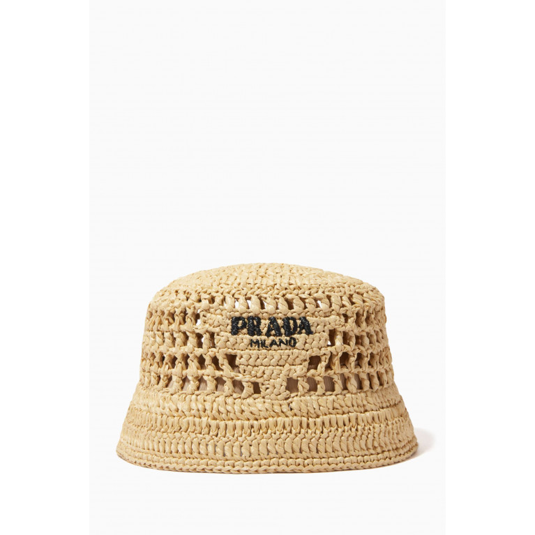 Prada - Logo Crochet Bucket Hat in Woven Fabric Neutral