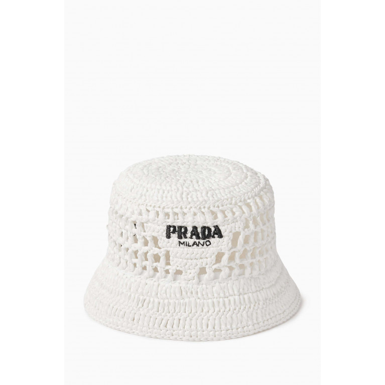 Prada - Logo Crochet Bucket Hat in Woven Fabric White