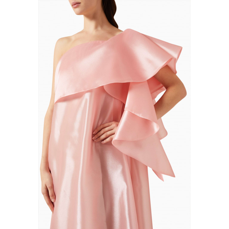 Roua AlMawally - Asymmetrical One-shoulder Maxi Dress in Organza Pink